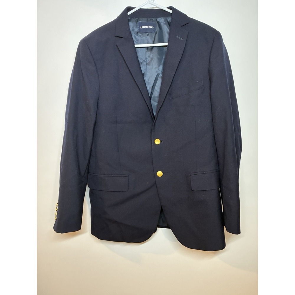 Lands End Men's Navy Blue Blazer Gold Buttons 40 Wool Blend Old Money Preppy